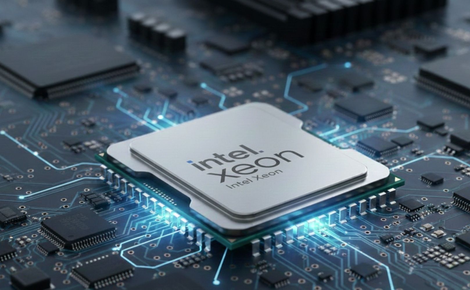 Prosesor Intel Xeon pada motherboard server untuk performa komputasi bisnis.